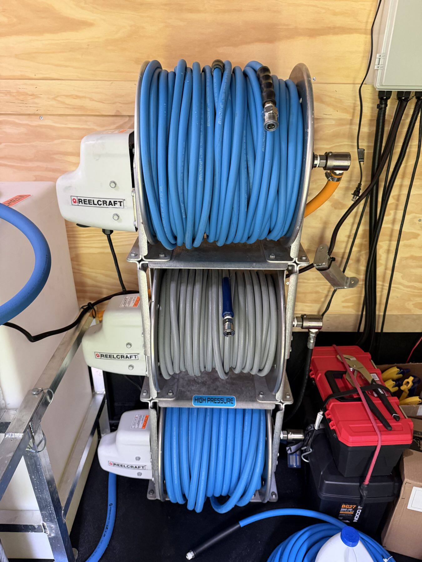 Hose reels for soft wash, pressure wash, and clean-water intake