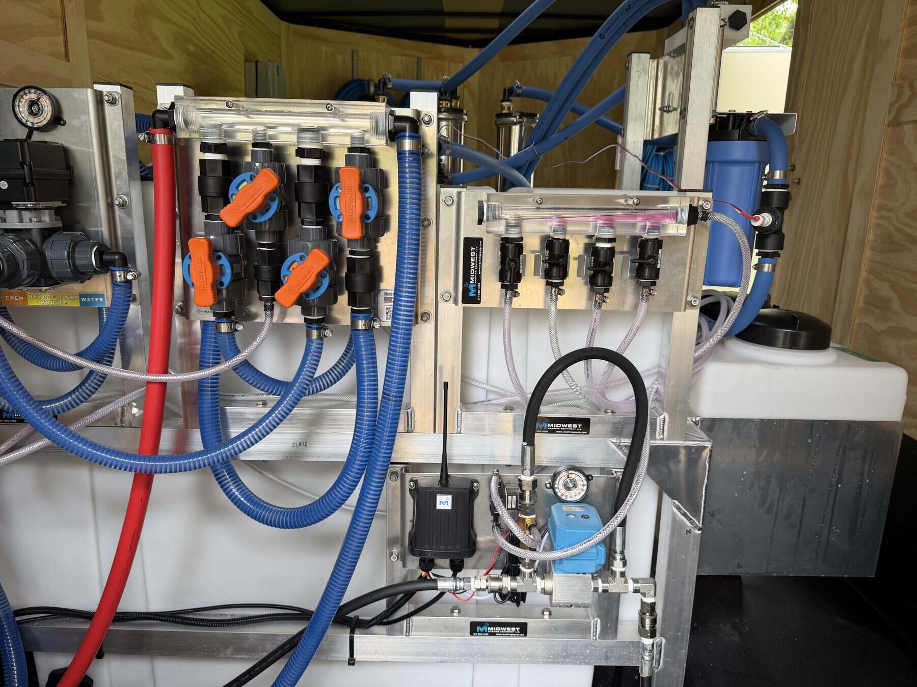 In-trailer chemical proportioning system for diluting soaps and cleaning agents