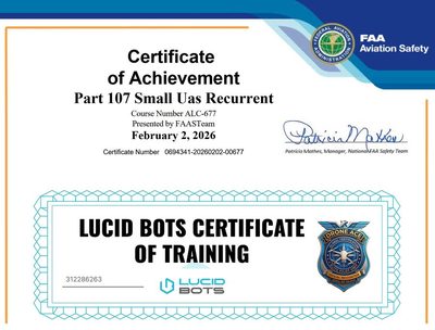 FAA Part 107 Small UAS Recurrent Certificate and Lucid Bots Certificate of Training