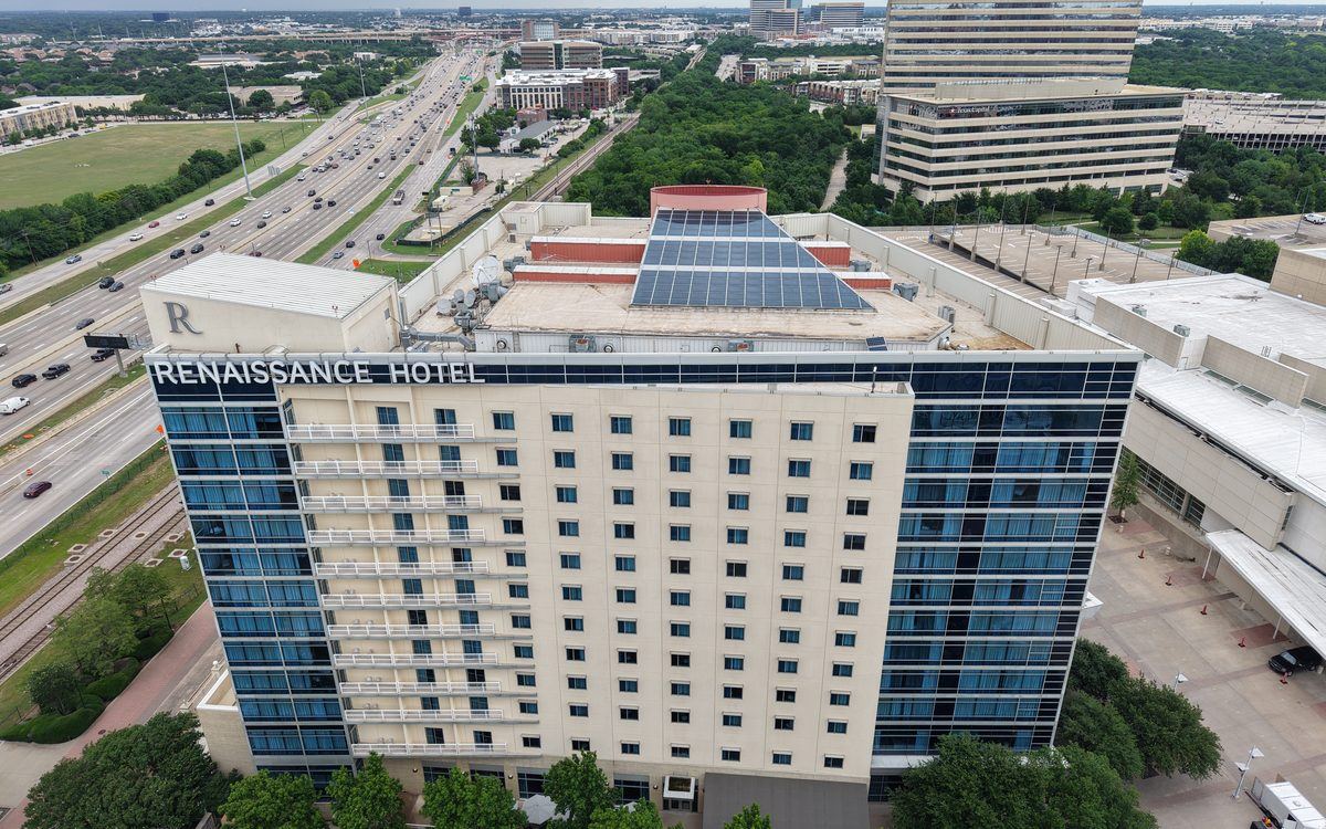 Renaissance Dallas Richardson Hotel, an approximately 200-foot tower — BolAero drone exterior window cleaning, Richardson, TX